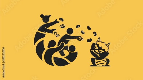 Stylized people sharing coins with a cat in a party hat on yellow