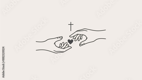 Minimalist hands holding heart with cross symbolizing love and faith