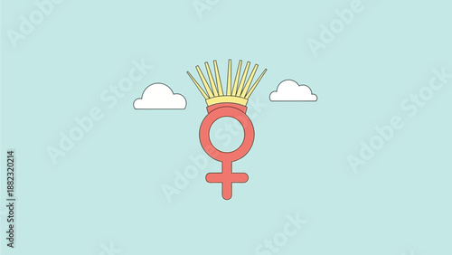 Vibrant female symbol with crown and clouds on blue background