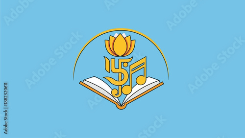 Vibrant illustration of a lotus flower over an open book with musical notes