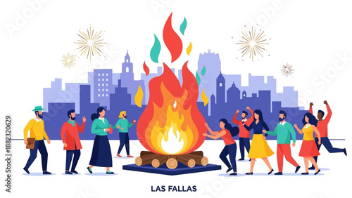 Vibrant people celebrating Las Fallas with bonfire and fireworks