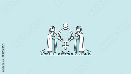 Two women in robes holding Venus symbol for gender equality and female empowerment