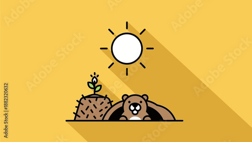 Cute bear emerging from burrow under sunny spring day with new plant growth