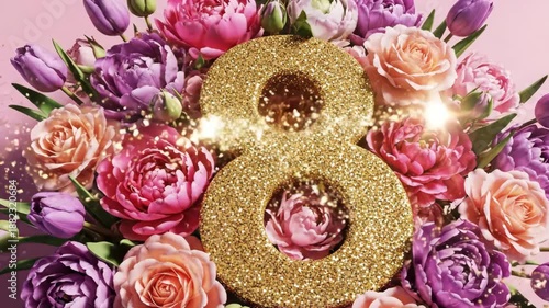 Golden Number 8 with Glitter in Vibrant Spring Flower Bouquet for International Women's Day