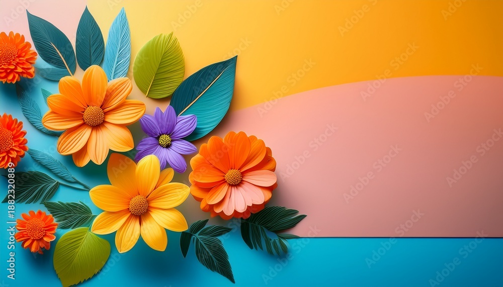 Obraz premium Bright Flowers With Leaves On A Colorful Background In A Simple Design