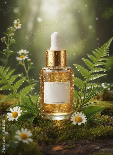 Advertising Photo of Luxurious Natural Skincare Serum Bottle Among Herbs and Moss with Dew Drops