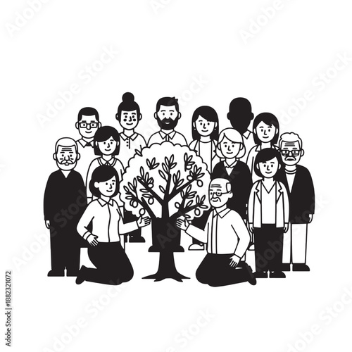 Diverse group of people standing around a tree, symbolizing unity, community, and shared environmental stewardship.