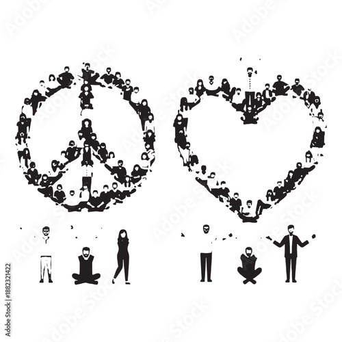 Two Large Peace and Heart Shapes Formed by Silhouetted People with Small Figures Beneath, Conveying Unity and Shared Humanity.