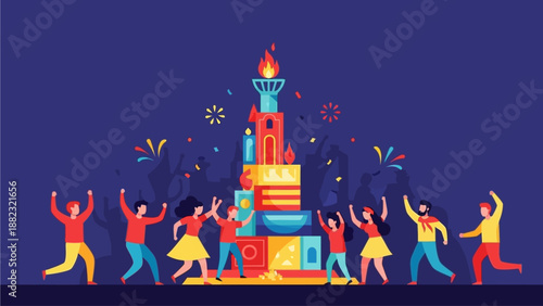 Vibrant people celebrating with colorful tower and fireworks at night