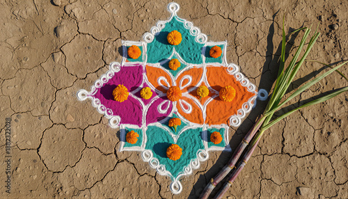 Vibrant rangoli art with marigold flowers and sugarcane on cracked dry earth for Indian festival, harvest, and cultural tradition concept