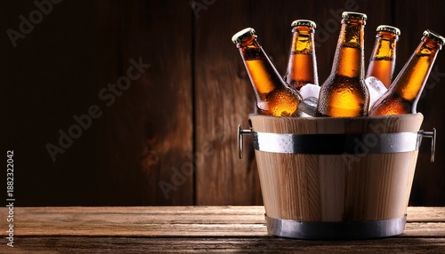 Cold Bottles Of Beer In The Bucket On The Wooden Background