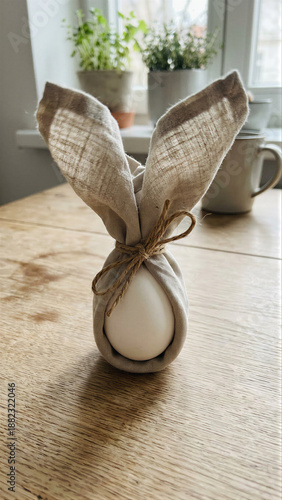 Egg wrapped in a linen napkin resembling bunny ears on a wooden table near a window for an Easter holiday concept and spring decoration