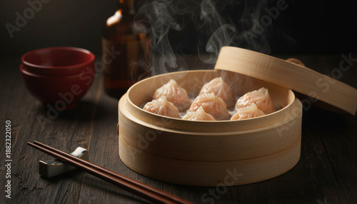Freshly steamed dim sum dumplings in a bamboo basket on a dark wooden table with chopsticks, creating an authentic Asian dining concept and gourmet food experience