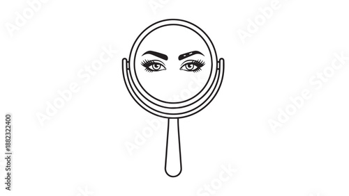 Minimal line illustration of a handheld mirror reflecting a woman's face with eyes and lips.