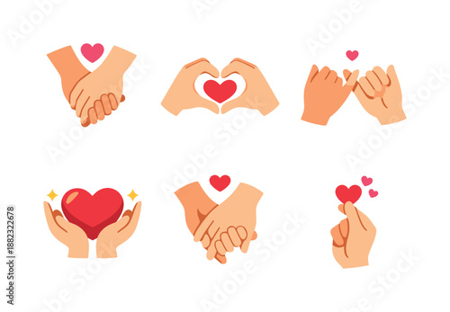 Love and relationships flat icons set. featuring hand holding, heart hands, pinky promise, heart in hands, and heart gesture symbols