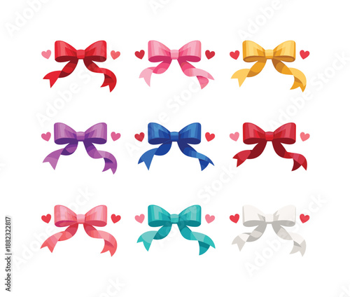 Gift bow flat icon set. featuring red, pink, yellow, purple, blue, and teal bows with hearts.