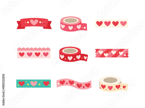 Valentine's day flat icon set. featuring heart ribbons, love tape, romantic designs, and decorative elements