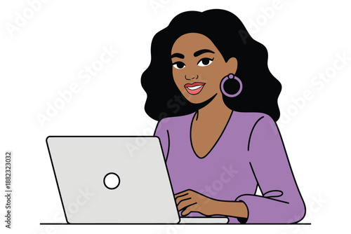 A cartoon woman with dark skin and long black hair works on a laptop with a purple shirt and hoop earrings.