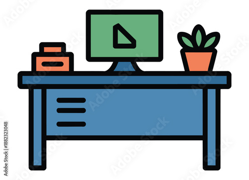 A simple blue desk with a computer monitor, a potted plant, and office supplies on a white background
