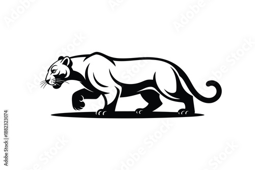 A black and white illustration of a powerful panther in a walking pose