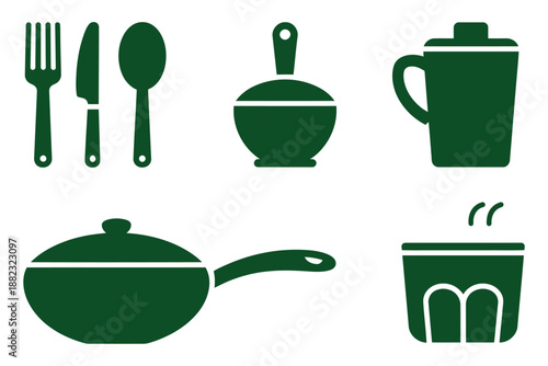 A set of green kitchen utensils and dishes on a white background