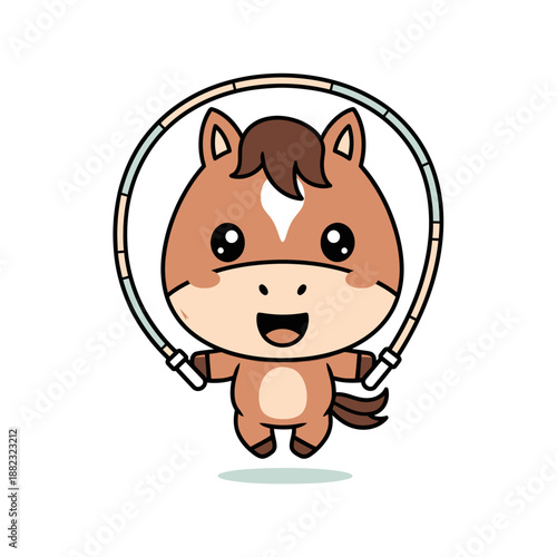 Cute cartoon horse with big eyes and a joyful expression holding a jump rope