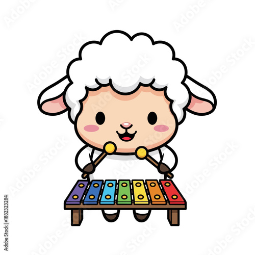 Adorable cartoon sheep playing colorful xylophone for children educational scene