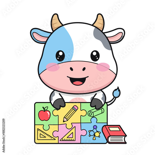 Adorable cartoon cow engaging in educational puzzle play with colorful blocks