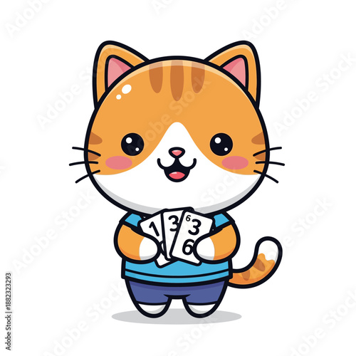 Adorable cartoon cat holding numbers with cheerful expression in playful style