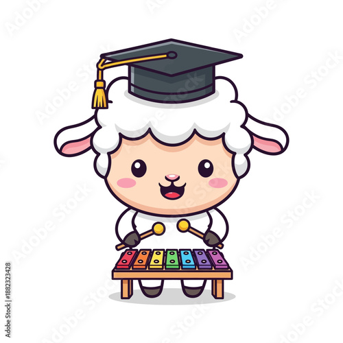 Adorable cartoon sheep wearing a graduation cap playing colorful xylophone for