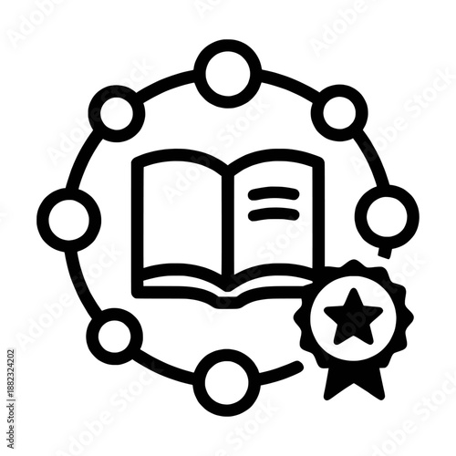 Open book surrounded by interconnected circles and a ribbon award, symbolizing learning, achievement, and continuous education