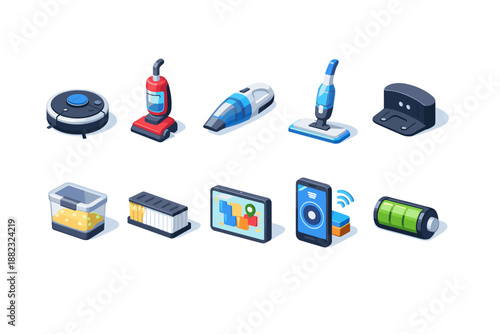 Home appliances 3d icon set. Vacuum, cleaning tools, smart home appliances in 3d