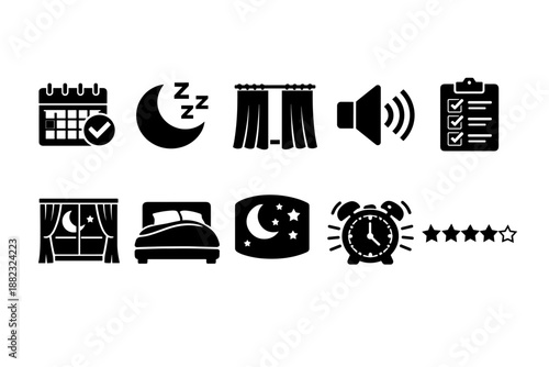Sleep, relaxation solid icon set. Nighttime, relaxation activities icons solid collection
