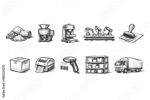 Industrial equipment sketch icon set. Manufacturing, logistics, machinery line art.