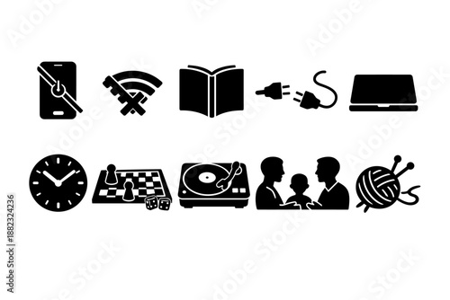 Silhouette icon set: digital, family, recreation, communication, connectivity icons