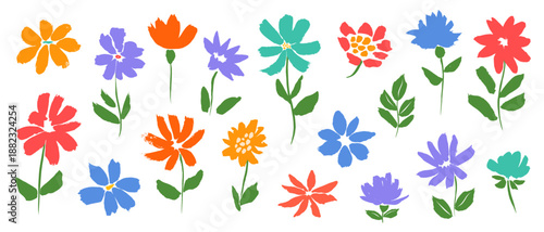 Hand drawn floral collection with colorful spring flowers and green leaves isolated on white background. Minimalist vector botanical set of vibrant wildflowers in modern hand drawn brush stroke style.