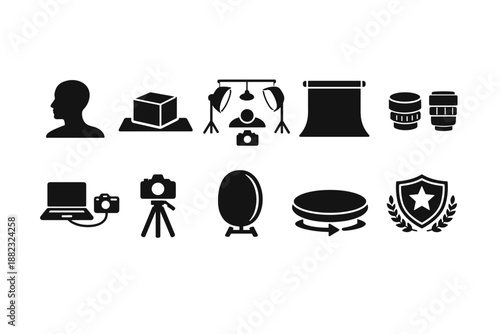 Photography silhouette icon set. Camera, studio, portrait illustrations in silhouette style.