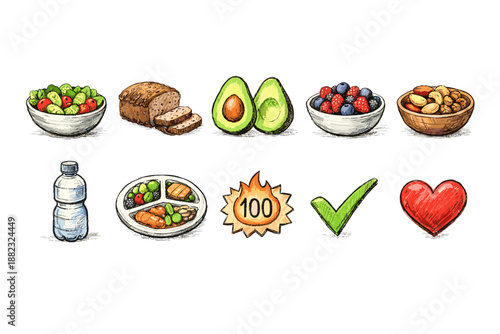 Healthy food and nutrition icon set. Fresh, diet symbols in flat style collection