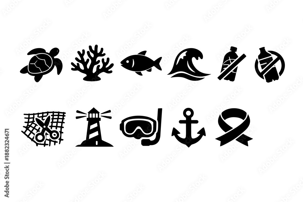 Fototapeta premium Marine life and ocean conservation solid icon set. Sea creatures and pollution symbols