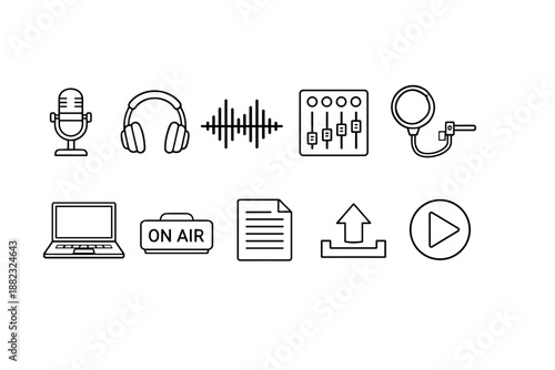 Podcast, music production line icon set. Studio, broadcasting tools collection