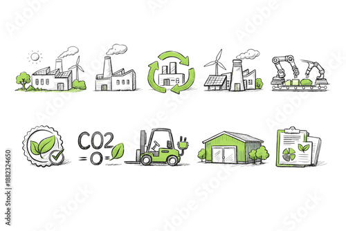 Eco-friendly industry outline icon set. Green manufacturing and renewable energy icons.