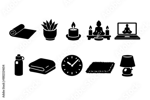 Wellness and meditation solid icon set. Yoga, relaxation, spa symbols collection