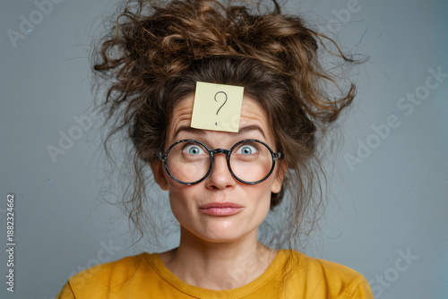 Crazy Woman with Curious Expression and Sticky Note on Forehead for Quirky