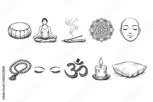 Meditation and yoga line icon set. Relaxation, mindfulness, and zen outline collection