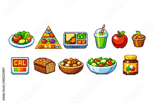Healthy food, nutrition flat icon set. Fruit, vegetable, meal icons collection