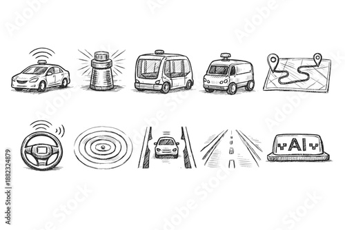 Autonomous vehicles and navigation outline icon set. Future mobility and gps icons.