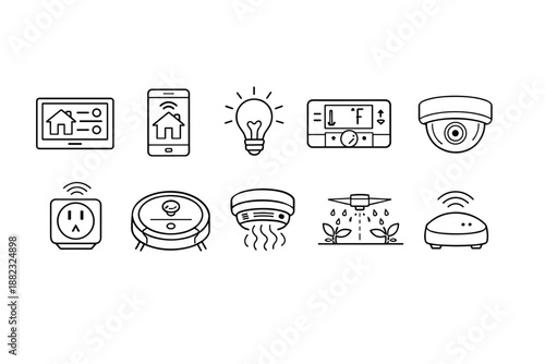Smart home devices line icon set. Automation, security, and energy efficiency icons.