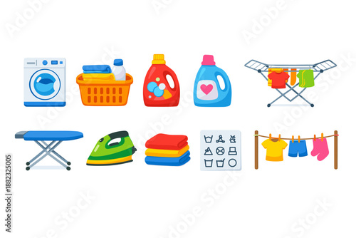 Laundry 3d icon set. Washing, clothes, detergent, ironing essentials in 3d style