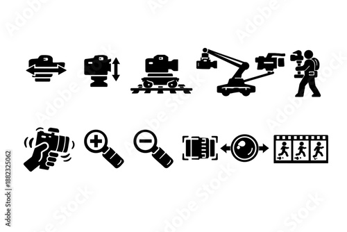 Cinematography silhouette icon set. Filmmaking, video production essentials.