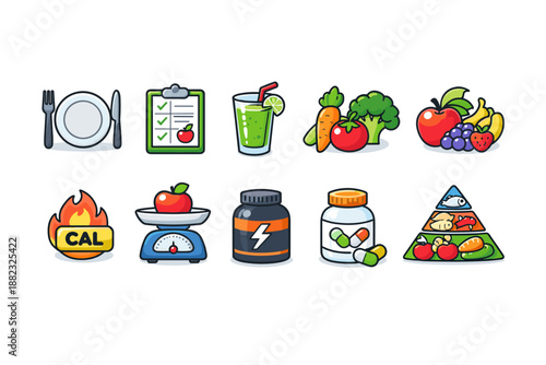 Nutrition and healthy food filled icon set. Diet, wellness icons for health awareness